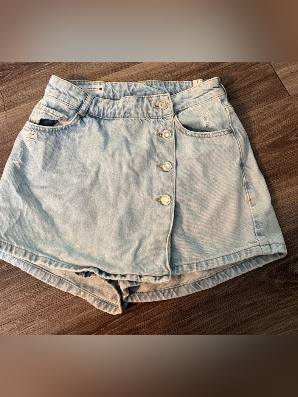 Zara Light Wash Asymmetrical Wrap Denim Skort Size S 26 Distressed Button Front